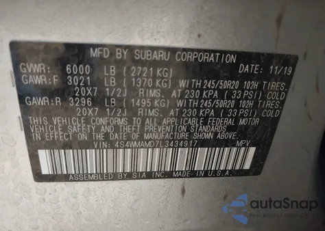 2020 Subaru Ascent Limited из США, поврежденный, VIN 4S4WMAMD7L3434917